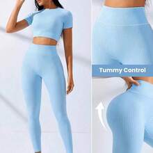 Sovereign Charm Seamless High Stretch Raglan Sleeve Sports Set Workout Women Set Women Workout Set Women Leggings Set Gym Women Outfit - verde menta - Ver 3