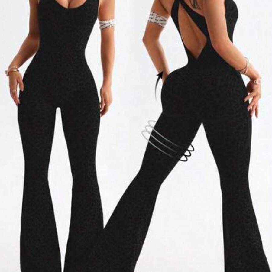 Slayform 1pc Leopard Print Twisted Back Deep V Flare Jumpsuit Leopard Jumpsuit Flared Leggings Jumpsuit Flare Yoga Jumpsuit Pink Leopard Print Jumpsuit Pink Cheetah Print Jumpsuit Flared Cheetah Print Jumpsuit Jumpsuit For Women Workout - Negro - Ver 1