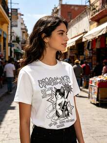 Limited Time Offer, Limited Quantities, Flash ! Women's Casual Shirts, Women's Polyester T-Shirts, Elegant Shirts. Women's Summer Casual T-Shirt With A Cat Slogan. - 白色 - 查看 2