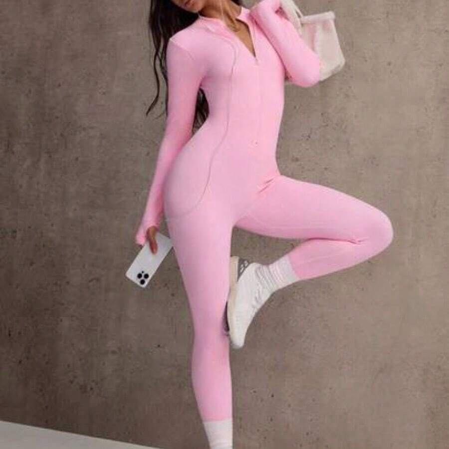 Dewbera Plain Ribbed Zipper Slim Fit Long Sleeve Jumpsuit - Rosa - Ver 1