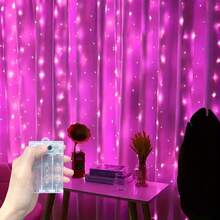 1 pieza Cortina de ventana con luces LED de cuerda con 8 modos de iluminación, luces colgantes de interior con batería para boda, fiesta de cumpleaños, dormitorio, decoración de ventana (baterías no incluidas) - Lámpara de cortina con caja de pilas AA - Ver 17
