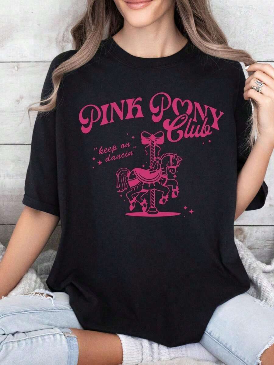 Women's Clothing Oversized Graphic Tees Washed Unisex, Pink Pony Club Extra Large Oversized T-Shirt, Sapphic Lesbian Pride Musical T-Shirt, Y2K 90s Vintage T-Shirt - Soft, Crew Neck, Lightweight And Comfortable For Casual Wear, Women's Tops, White S-3XL, Plus Size Women's T-Shirts - 黑色 - 查看 1