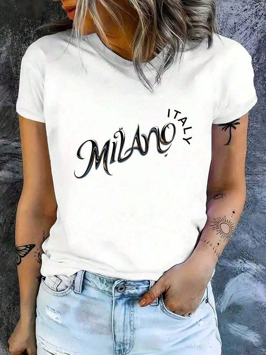 Premium Quality Women's Short-Sleeved Cotton T-Shirt With A Printed Design, Casual Fit, And A Slim Fit. The Shirt Features A Beautiful Italian Letter Print, Is Soft And Comfortable, And Is A Versatile Garment Suitable For Everyday Wear. . - 白色 - 查看 1