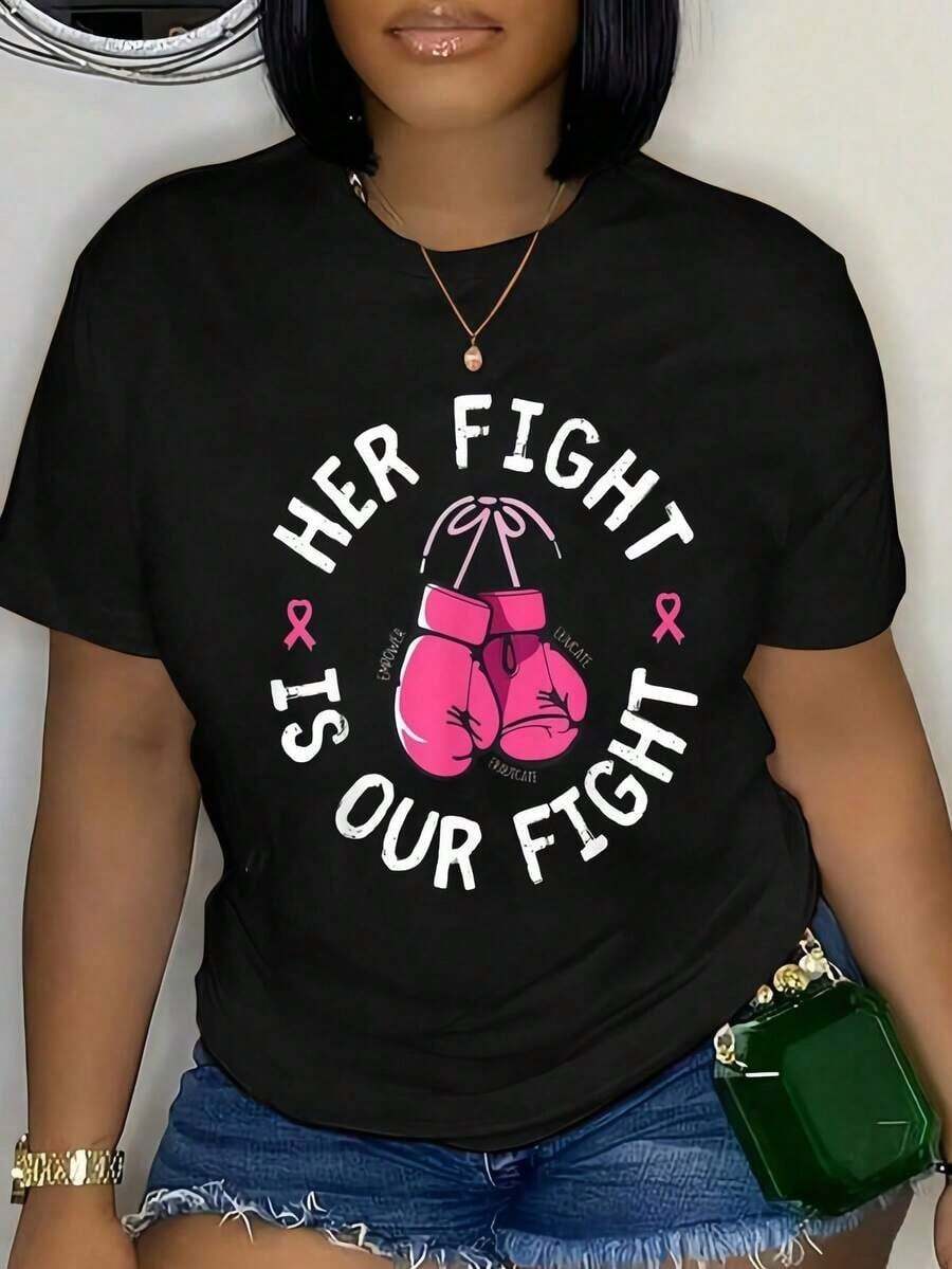 100% Cotton T-Shirt "Their Fight Is Our Fight" For Breast Cancer Awareness, For Men And Women, Soft And Breathable, Classic Style, Summer Fashion, Short Sleeve T-Shirt With Print, Round Neck, Casual For Daily Wear, They Are Excellent Gifts For Friends And Family, 100% Cotton T-Shirts With Youthful And Modern Design, Casual Blouses For Women. - 黑色 - 查看 1