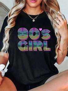 80s Retro Casual Cotton T-Shirt, 100% Cotton, Breathable And Moisture-Wicking Knit Fabric, Crew Neck, Letter Print, Suitable For All Seasons. Casual Blouses For Women - 黑色 - 查看 8
