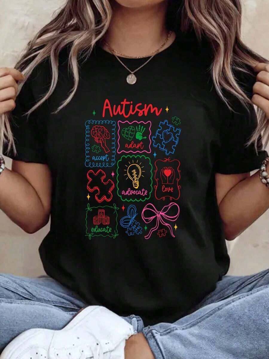 Women's Cotton T-Shirts For Autism Awareness Featuring Colorful Puzzle Pieces And Inspirational Words: Accept, Adapt, Advocate, Love, Educate. Perfect For Autism Awareness Month Or Everyday Wear, These Basic Women's Tops Support And Promote Autism Awareness. - 黑色 - 查看 1