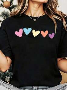 Women's Cool Summer T-Shirt, Casual Design With Colorful Pastel Heart Print, Round Neck, Short Sleeve, Perfect As A Birthday Gift, Suitable For Wear In All Seasons, Fashion For Everyday Outdoor. - 黑色 - 查看 6