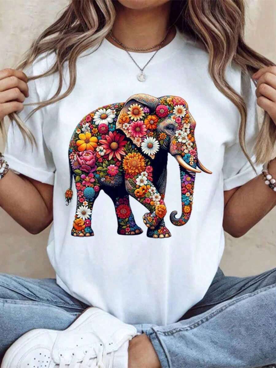 Women's T-Shirt With Elephant Floral Print, Boho Style, Casual Summer Top, Gift For Her, Artistic Animal Design, Fashion T-Shirt, 220g - Urban Vintage Style, Unisex, Loose Fit, Cotton, Short Sleeve, Round Neck, 100% Pure Cotton - 白色 - 查看 1