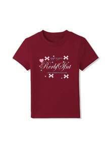 Bow Heart Letter Print Fun T-Shirt For Women, Burgundy Hot Girl Slim Fit Regular Shoulder Short Sleeve, Summer Top Casual - View 9