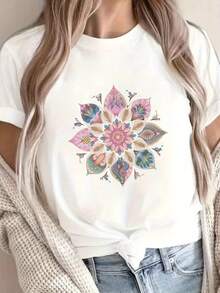 Women's T-Shirt With Lotus And Mandala Print - Bohemian Style Top With Lotus And Mandala Design, Short Sleeve, Round Neck, Casual Summer Shirt, Medium Elasticity, Breathable, Suitable For Meditation, Festival Use And Daily Wear, Blouses For Women. - 白色 - 查看 1