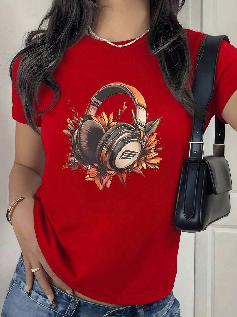 100% Cotton With Digital Print Of Headphones With Artistic Flowers. Women's T-Shirt With Round Neck, Floral Music Theme, 220 Grams, 1 Unit. 100% Cotton, Modern Style, Casual Design. Women's Simple Solid Color T-Shirt, Loose And Slim Fit Casual Short Sleeve - 紅色的 - 查看 1