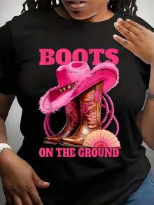 Boots On The Ground Women's T-Shirt With Pink Cowboy Hat And Boots Graphic Tee For Fall/Winter Wear Casual Christmas And Halloween Outfit - 白色 - 查看 7
