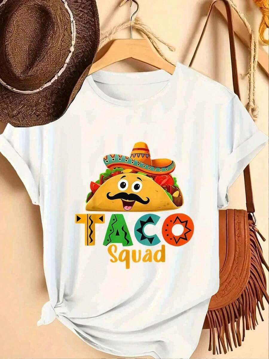 Simple And Versatile Design. Lightweight Graphic Tee, One-Piece Set With A Mexican Burrito Print. Fashionable, Casual, Loose Fit, Machine Washable, Suitable For Outdoor Sports And Everyday Wear. Casual Short-Sleeve Crew Neck Tee, A Popular Choice. Cotton Tee. - 白色 - 查看 1