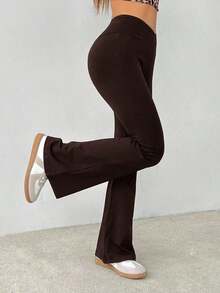 Pantalones acampanados de cintura alta envolvente de unicolor sencillo - Marrón - Ver 3