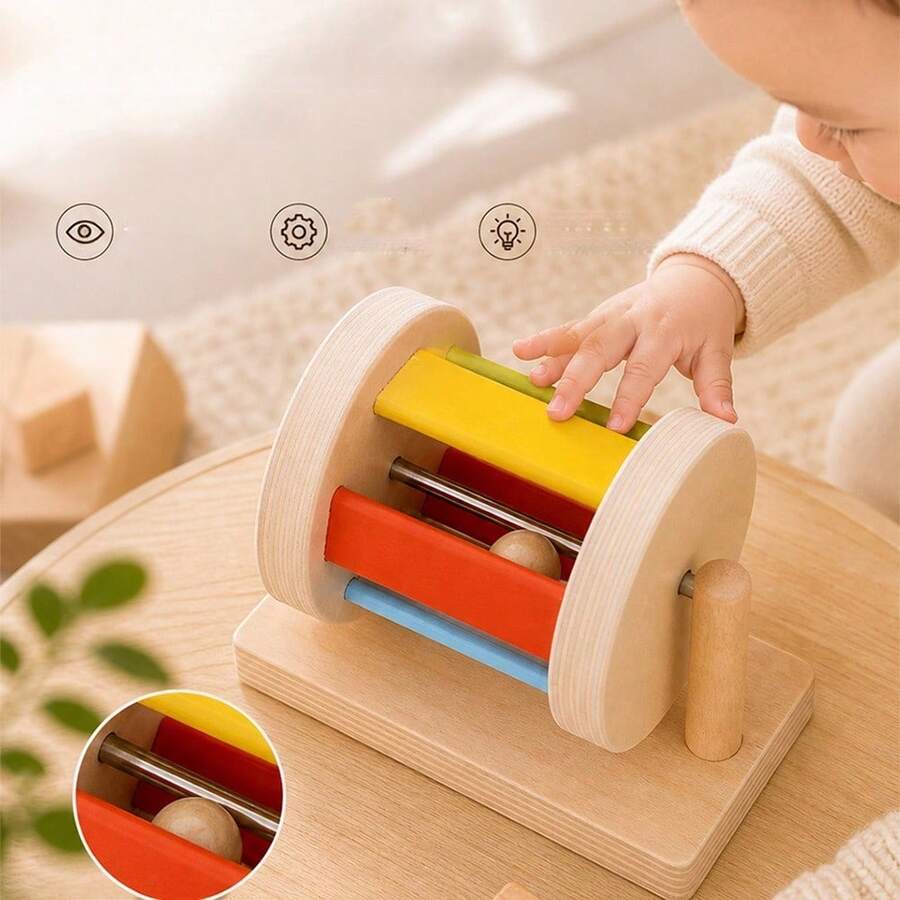 1 Set Montessori Early Education Textile Drum, Wooden Colorful Rotating Roller Toy, Baby Color Recognition, Children's Educational Toy, Intellectual Toy - Multicolor - View 1
