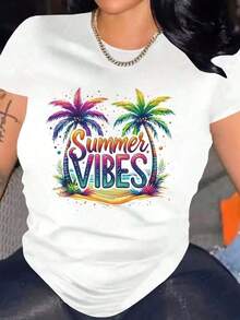 Camiseta suave, blanca, de cuello redondo con estampado de paisajes, estilo sencillo, de manga corta, imprescindible para vacaciones informales, adecuada para primavera, verano y otoño, ligeramente holgada, cómoda y amigable con la piel, camiseta gráfica informal y elegante de talla grande para mujer, camisetas gráficas para mujer, camiseta de verano, camiseta informal, camisetas de verano, tops, conjuntos de verano para mujer, blusas elegantes para dama. - Blanco - Ver 7