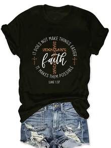Faith, Leopard Print, Women's Casual Short Sleeve Top, Comfortable Fit, Matching Sets For Sisters, Outdoor Travel Essential, Women's T-Shirt, Spring/Summer T-Shirt. - 黑色 - 查看 1