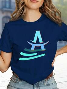 Women's T-Shirt With The Letter A And A Wave Design. | Suitable For Casual Wear In Spring And Summer, A Great Gift For Fashionable Women, Vintage Style, Breathable, Casual - Crew Neck, Regular Fit - Machine Washable, Printed T-Shirt Suitable For All Occasions. 5L3G - 藍色 - 查看 1