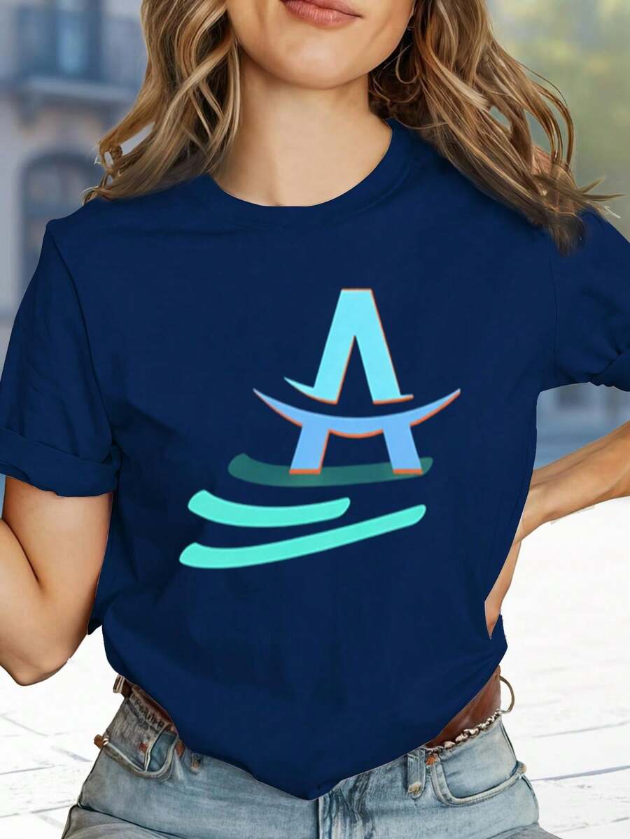 Women's T-Shirt With The Letter A And A Wave Design. | Suitable For Casual Wear In Spring And Summer, A Great Gift For Fashionable Women, Vintage Style, Breathable, Casual - Crew Neck, Regular Fit - Machine Washable, Printed T-Shirt Suitable For All Occasions. 5L3G - 藍色 - 查看 1