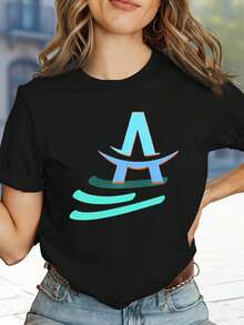 Women's T-Shirt With The Letter A And A Wave Design. | Suitable For Casual Wear In Spring And Summer, A Great Gift For Fashionable Women, Vintage Style, Breathable, Casual - Crew Neck, Regular Fit - Machine Washable, Printed T-Shirt Suitable For All Occasions. 5L3G - 黑色 - 查看 5