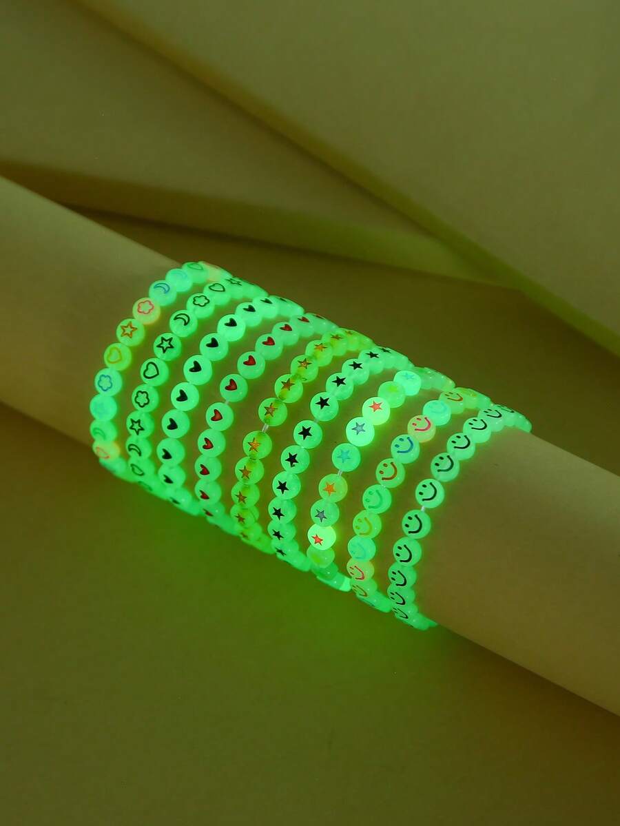 9pcs/Set Glow-In-The-Dark Beaded Bracelet Set - Fashionable Girls Accessories With Heart, Star & Cloud Designs - Perfect For Gifts & PartyDecorations-Adjustable, Dazzling & Multipurpose - Multicolor - View 1