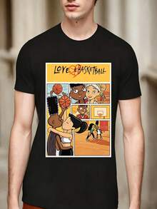 Romantic Graphic Style T-Shirt With Cartoon Love And Basketball, Casual Short Sleeve T-Shirt For Men, Soft, Breathable, Round Neck, Basic Summer Top, Sporty Style, Outdoor Activities, Urban Style, Modern Fashion, Warm Weather Clothing, Casual Summer Clothing, Party Outfit, Perfect For Vacation And Playtime, Great For Parties And Family Holidays, Perfect For Daily Outfits And As A Gift. - 黑色 - 查看 1