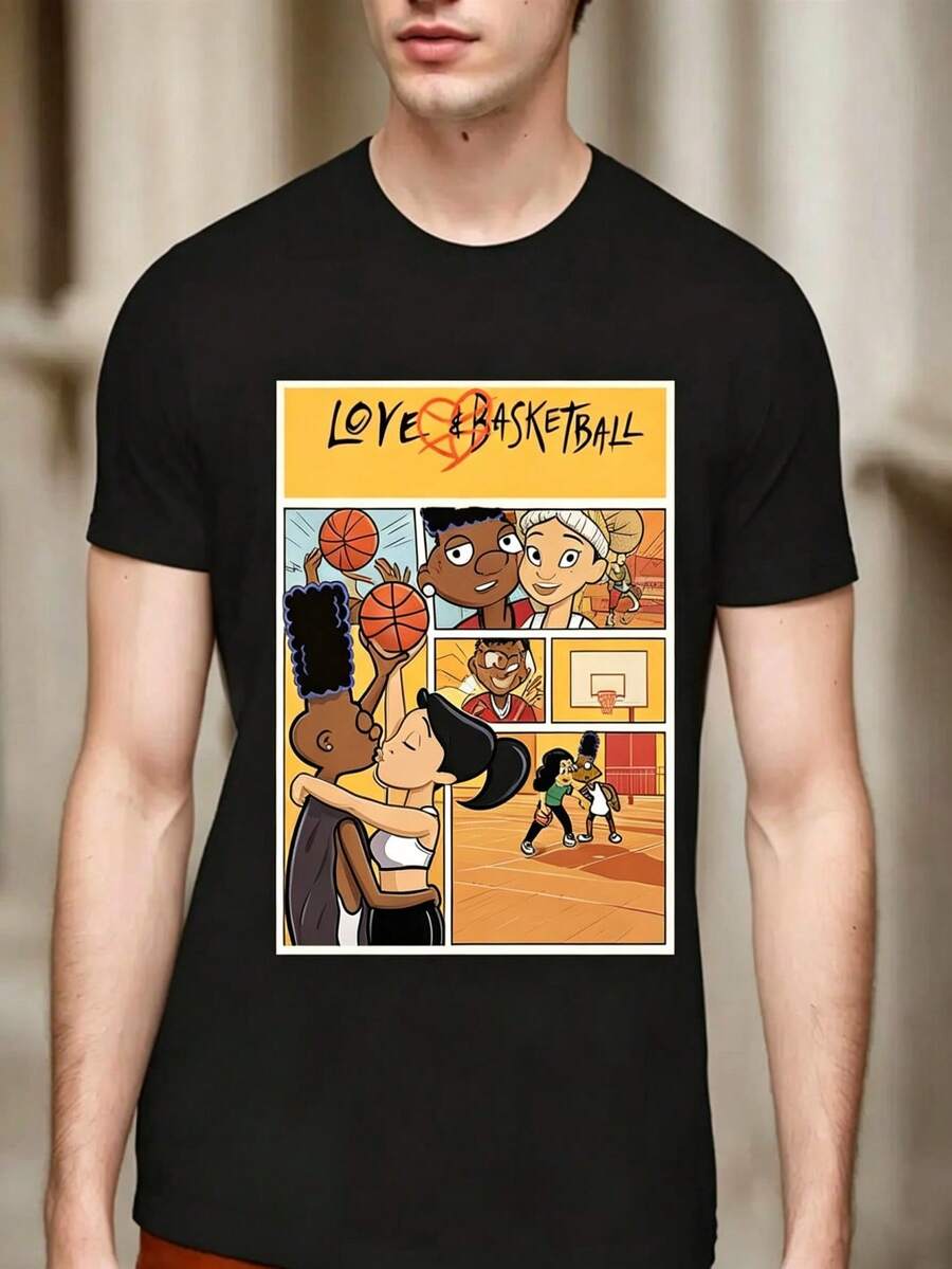 Romantic Graphic Style T-Shirt With Cartoon Love And Basketball, Casual Short Sleeve T-Shirt For Men, Soft, Breathable, Round Neck, Basic Summer Top, Sporty Style, Outdoor Activities, Urban Style, Modern Fashion, Warm Weather Clothing, Casual Summer Clothing, Party Outfit, Perfect For Vacation And Playtime, Great For Parties And Family Holidays, Perfect For Daily Outfits And As A Gift. - 黑色 - 查看 1