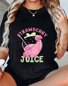 Women's T-Shirt With Simple And Versatile Design, 100% Strawberry Juice Print | Cute Strawberry And Lemon Slice Print, Combined With The Fun Inscription "Strawberry Juice", Breathable, Loose Fit, Short Sleeve Casual Summer T-Shirt, Suitable For Spring/Summer, Machine Washable - Cute Casual Cotton T-Shirt. - 黑色 - 查看 1