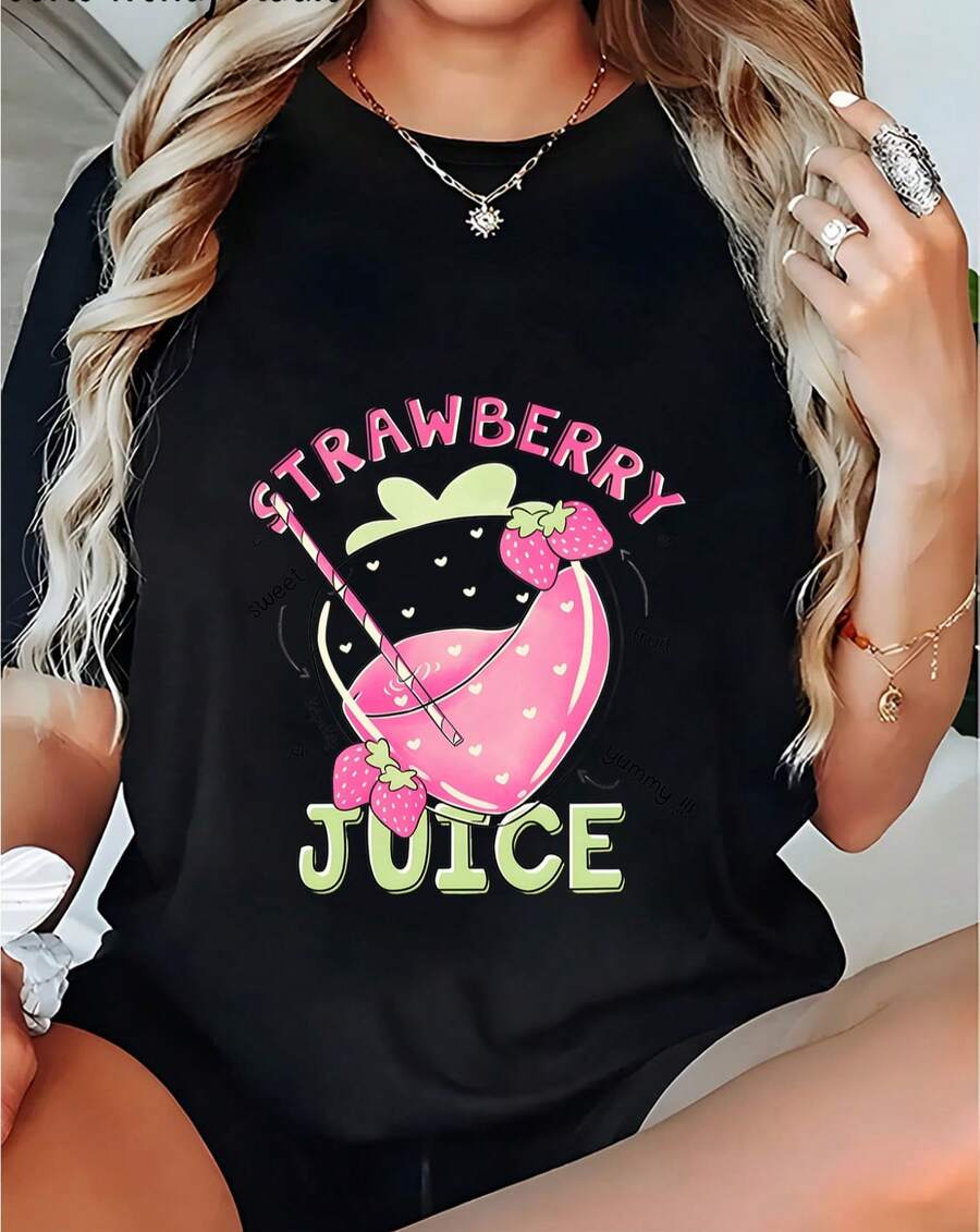 Women's T-Shirt With Simple And Versatile Design, 100% Strawberry Juice Print | Cute Strawberry And Lemon Slice Print, Combined With The Fun Inscription "Strawberry Juice", Breathable, Loose Fit, Short Sleeve Casual Summer T-Shirt, Suitable For Spring/Summer, Machine Washable - Cute Casual Cotton T-Shirt. - 黑色 - 查看 1
