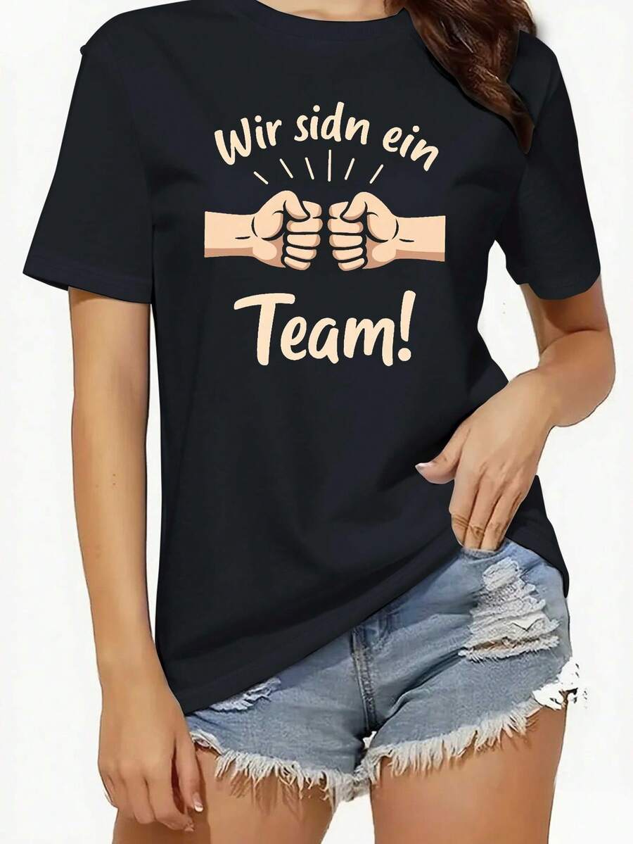 Women's Inspirational T-Shirt With The German Phrase "We Are A Team!" - Comfortable Fit, Casual Crew Neck, Short Sleeves, Featuring The Colors Of The German Flag And A Team Uniform Design, Suitable For Training, Team Activities, And Casual Wear - Casual T-Shirt Suitable For All Seasons, Size S, And Casual Use - Geo - 黑色 - 查看 1