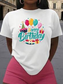 New 2026 Collection: Women's Cotton T-Shirt, Sports T-Shirt With Cheerful And Lively Birthday Motifs And Fashion Elements, Round Neck, Short Sleeve, For Gift. - 白色 - 查看 12