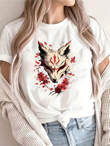 | Exquisite Design | Loose And Comfortable | Easy To Match | Women's Summer T-Shirt With Red Lily, Spider, Fox And Cherry Blossom Print Japanese Style - Casual Black Short Sleeve Crew Neck Top, 100% Machine Washable For All Seasons Comfort. - 白色 - 查看 1