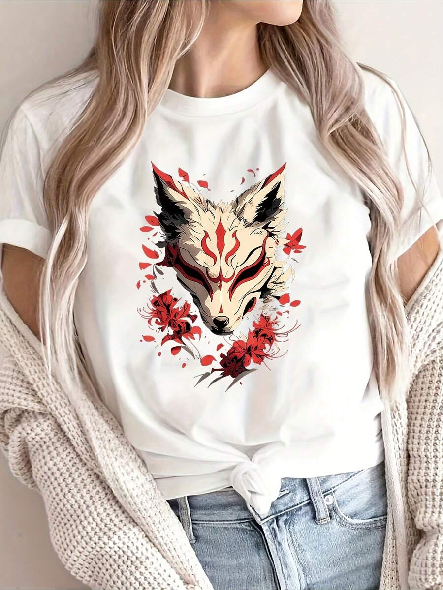 | Exquisite Design | Loose And Comfortable | Easy To Match | Women's Summer T-Shirt With Red Lily, Spider, Fox And Cherry Blossom Print Japanese Style - Casual Black Short Sleeve Crew Neck Top, 100% Machine Washable For All Seasons Comfort. - 白色 - 查看 1