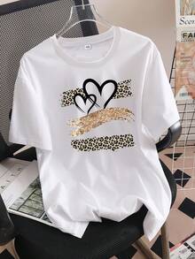 Camiseta Estampada para Mujer con Diseño de Leopardo y Corazones - Camiseta Casual de Manga Corta y Cuello Redondo, con Corte Relajado para Todas las Estaciones, Perfecta para el Uso Diario y Atuendos de Vacaciones (Lavable aáquina). - Blanco - Ver 1