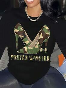 Camiseta Estampada para Mujer - Camiseta Casual de Manga Larga Negra con Gráfico de Zapato de Camuflaje, Diseño de Cuello Redondo y Corte Relajado para Todas las Estaciones, Perfecta para Uso Diario y Atuendos de Vacaciones (Lavable aáquina). - Negro - Ver 1