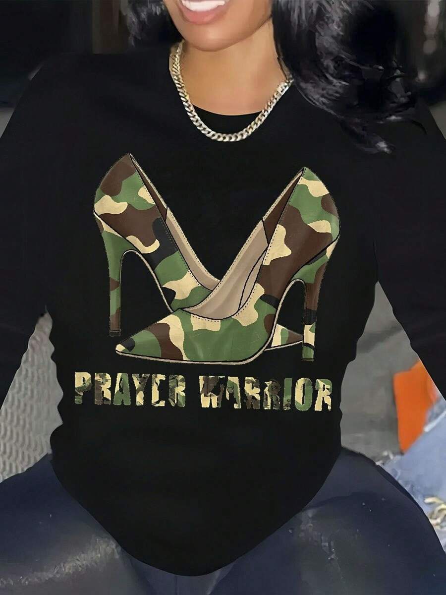 Camiseta Estampada para Mujer - Camiseta Casual de Manga Larga Negra con Gráfico de Zapato de Camuflaje, Diseño de Cuello Redondo y Corte Relajado para Todas las Estaciones, Perfecta para Uso Diario y Atuendos de Vacaciones (Lavable aáquina). - Negro - Ver 1