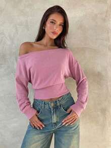 Top de manga larga asimétrico de hombro de punto de color albaricoque para mujer, otoño/invierno - Rosa - Ver 1