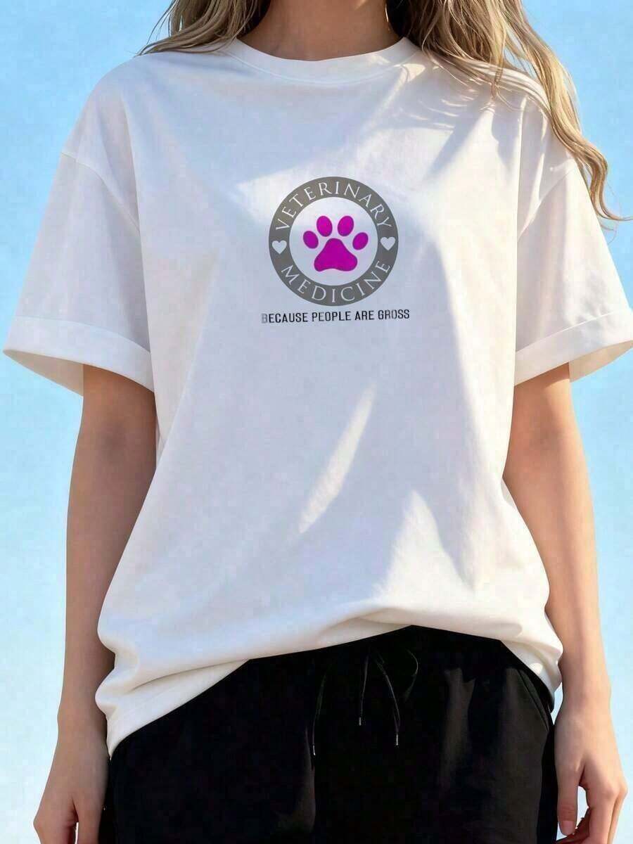 Women's Short-Sleeved T-Shirt, 100% Cotton, Breathable And Skin-Friendly, With A Fun "Veterinary Medicine" Paw Print. Casual, Loose-Fitting, And Oversized Style, Suitable For Pet Lover Gatherings, Daily Commutes, And Outings. European And American Style Plus-Size Women's Clothing. Crew Neck, 100% Cotton, Soft Fabric, Short Sleeves - 白色 - 查看 1