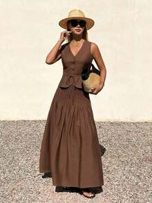 Conjunto de 2 piezas de mujer con falda plisada con cintura anudada y escote en V sin mangas, atuendo de verano para vacaciones - Camel - Ver 3
