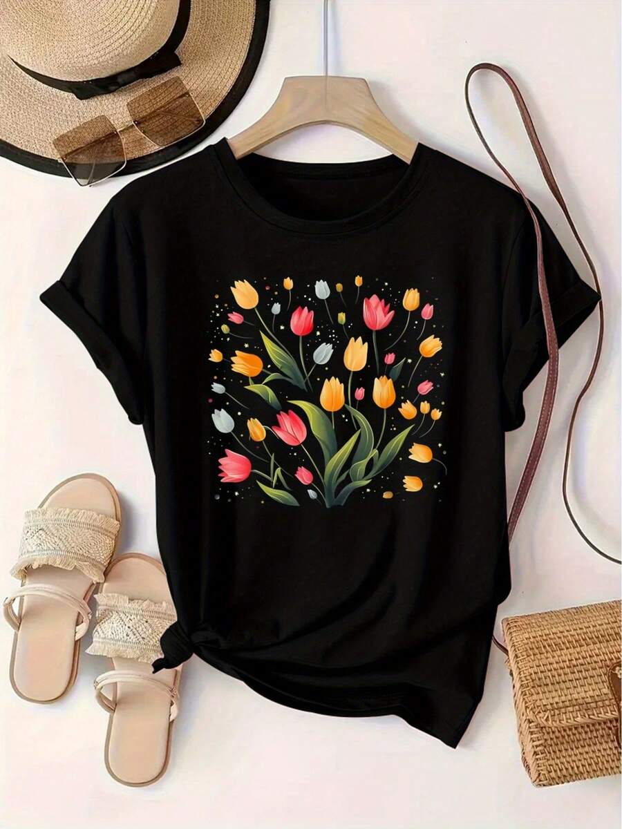Women's T-Shirt With Floral Print, European And American Fashion, Round Neck, Short Sleeve, Women's Sports Sweater. - 黑色 - 查看 1