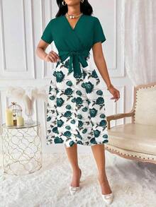 Vestido de mujer con cuello en V y cinturón, manga corta, vestido largo de verano para mujer - Multicolor - Ver 5