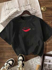Women's T-Shirt, 100% Cotton, Y2K Graphic T-Shirt With Spicy Chili Design, Casual Short Sleeve Crew Neck T-Shirt For Women, Size, Summer Vacation Beachwear - 黑色 - 查看 10