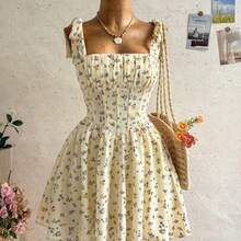 Nuevo vestido mini de línea A con cordones, estilo dulce y lindo, bohemio, romántico con estampado floral, para vacaciones, fiesta, cita, San Valentín, Pascua, carnaval, té de la tarde, playa, crucero, vacaciones en la ciudad - Multicolor - Ver 1