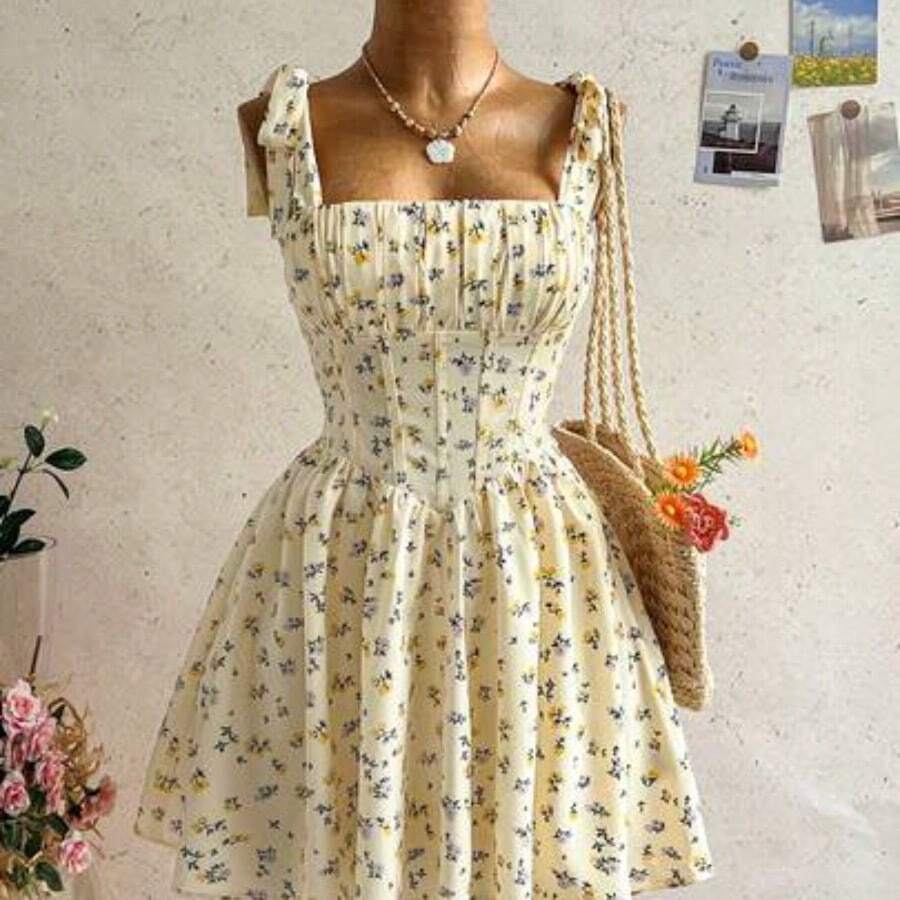 Nuevo vestido mini de línea A con cordones, estilo dulce y lindo, bohemio, romántico con estampado floral, para vacaciones, fiesta, cita, San Valentín, Pascua, carnaval, té de la tarde, playa, crucero, vacaciones en la ciudad - Multicolor - Ver 1