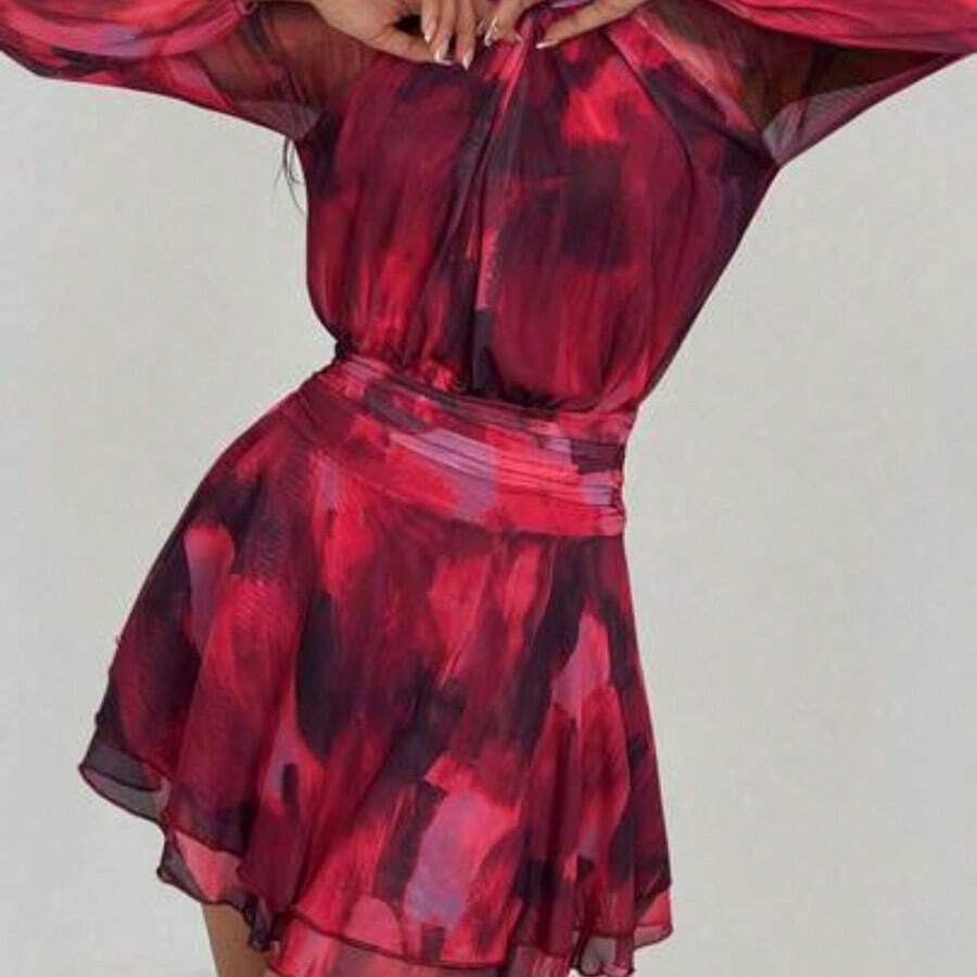 Vestido de manga larga ajustado con silueta de paraguas para mujer, nuevo para otoño/invierno, para uso casual/citas/salidas/maestras, vestido romántico con estampado de teñido anudado en púrpura y cuello alto con lazo en la cintura - Burdeos - Ver 1