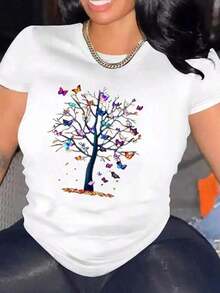 1 pieza clásica y versátil, camiseta de manga corta de algodón puro con estampado de árbol de mariposa, adecuada para usar en todas las estaciones. Estilo de moda - Blanco - Ver 7