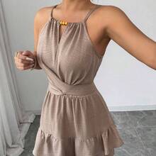 Vestido mini ajustado y acampanado sin mangas con lazo elegante y cuentas para mujer, color caqui, primavera/verano - Azul - Ver 9