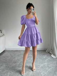 Vestido de verano, primavera y playa, elegante y romántico, para conciertos, estilo bohemio con mangas abultadas, espalda descubierta, lazo, para vacaciones, tiempo libre y viajes, con volantes en el bajo, color caqui, nuevo modelo 2025 - Morado - Ver 3