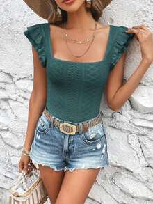 Camiseta con bordado con ojal de manga mariposa de cuello cuadrado - Verde Oscuro - Ver 4