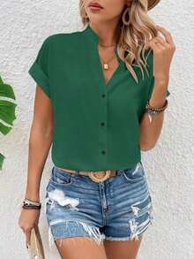 Blusa de mujer de unicolor con escote en V y botones delanteros, manga corta - Verde - Ver 7